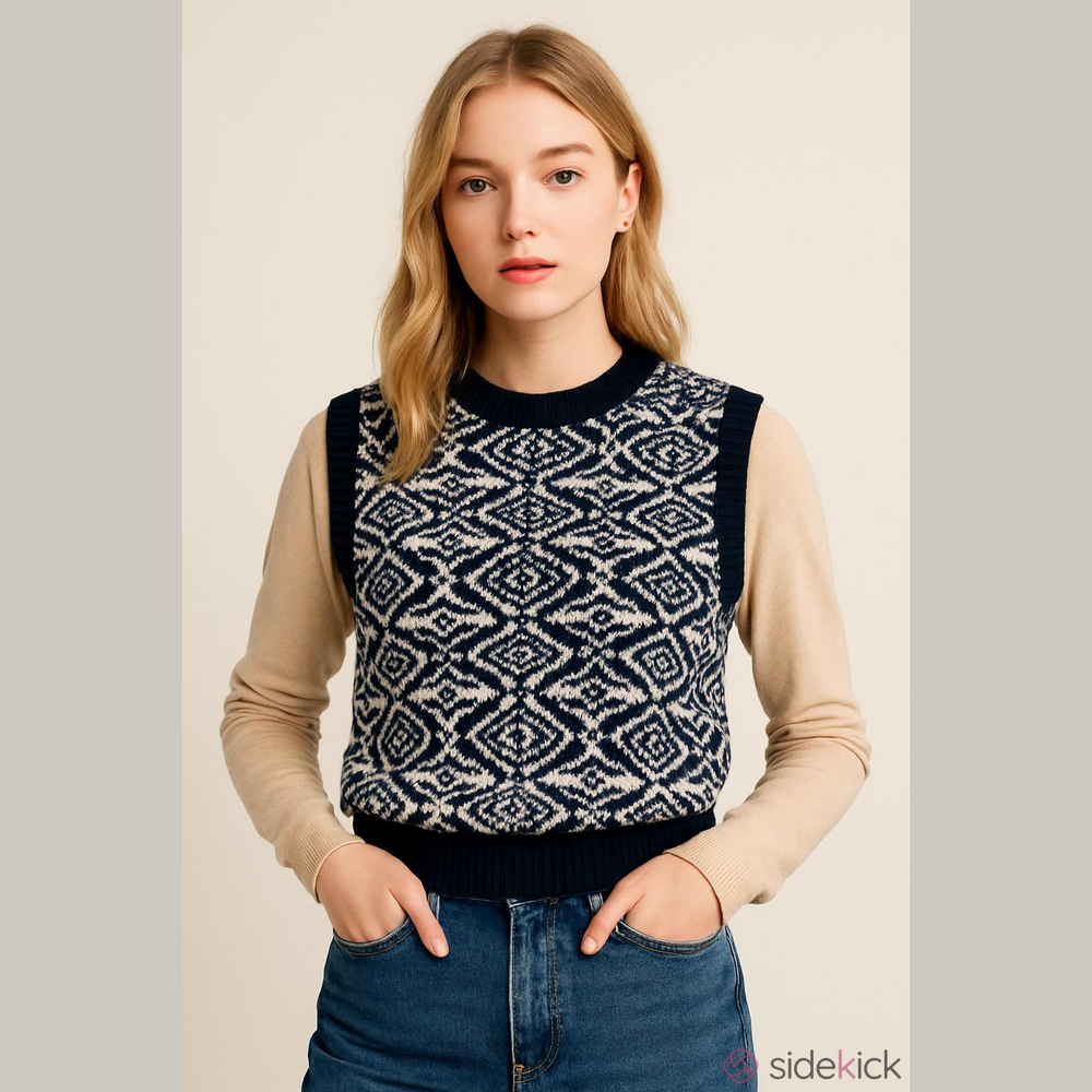 TNA Navy and Cream Patterned Sweater